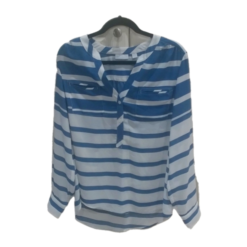 NYC Women's Dress Blouse White Blue Strips Sz L